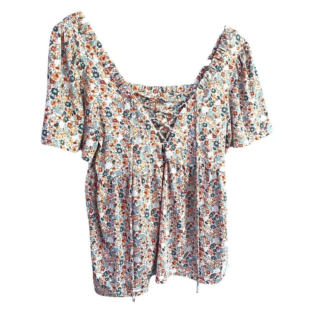 Daytrip Floral Lace-Up Boho Peasant Top - Size Small/Medium